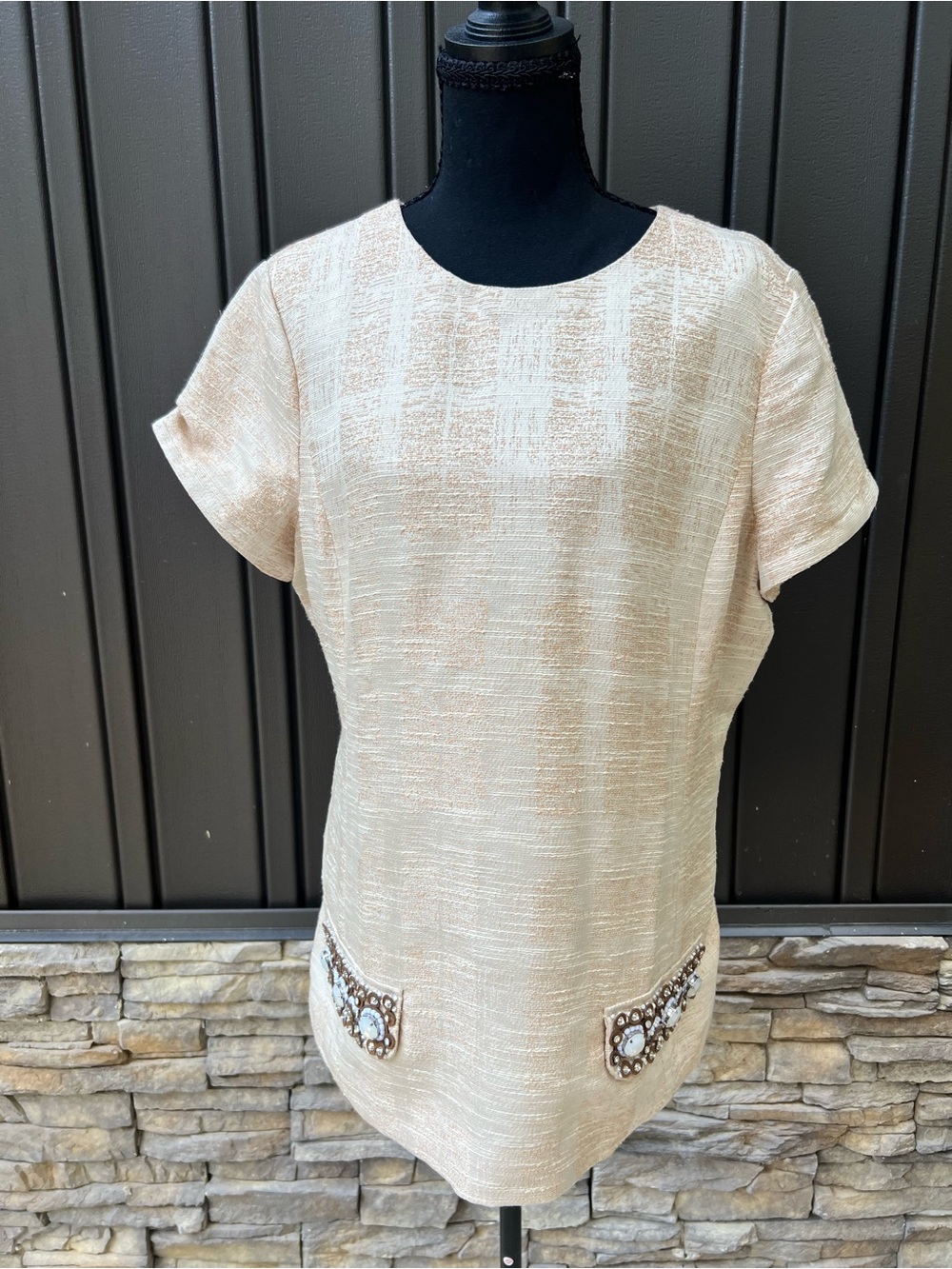 Tory Burch Ivory Textured Short-Sleeve Tunic with Embellished Pockets